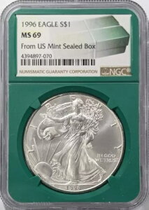 1996 アメリカン シルバー イーグル NGC MS69 - 米国造幣局の密封ボックスからのグリーン コア