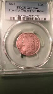 1834 1/2c クラシック ヘッド ハーフセント PCGS VF ディテール クリーニング済み。送料無料。