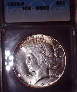 1923-S Peace Silver Dollar ICG MS 63�A���s�Ȃ��A�f�G�Ȓ��F�A�t���X�e�B�o�b�N
