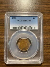 1880-P インディアン ヘッド ペニー セント 1C PCGS ミント ステート MS 63 ブラウン BN タイプ 3、ブロンズ