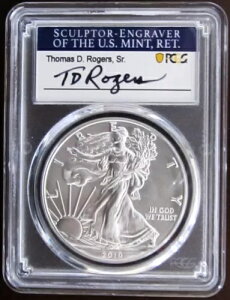 2019 W バーニッシュシルバー イーグル、PCGS SP70、発行初日、TD ロジャース署名