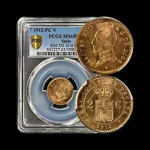 スペイン。 1912年、2センティモス - PCGS MS65 - アルフォンソ13世、クラウンアームズ、PC V、RD