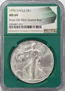 1996 アメリカン シルバー イーグル NGC MS69 - 米国造幣局の密封ボックスからのグリーン コア