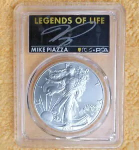 マイク・ピアッツァ サイン入りラベル、1オンス 0.999 ファイン シルバー イーグル ドル、PCGS MS 70
