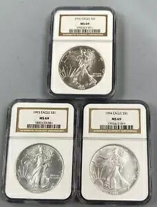 3 NGC MS69 US 1ozt Vo[ C[O $1s X|bgt 1992 1993 1994 L20430