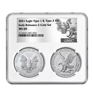 2021 $1 �^�C�v 1 ����у^�C�v 2 �V���o�[ �C�[�O�� �Z�b�g NGC MS69 ER T1 T2 ���x��
