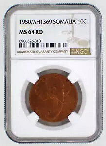 ?? 1950 SOMALIA (C^Ã\}h) 10 Centesimi NGC MS 64 RED ([})
