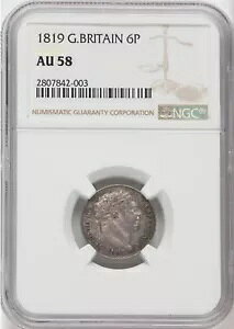 イギリス ジョージ 3 世 1819 6 ペンス銀貨 NGC ほぼ未流通 58