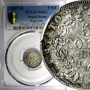 �C�^���A���B ���c���B �s�E�X 9 �� ���� 21 �N 1867-R 5 Soldi PCGS MS62 KM#1375(1)