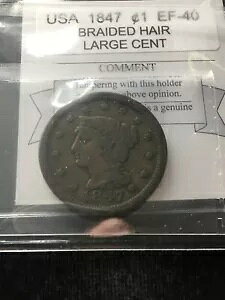 1847年アメリカ、大きな1セント。三つ編みの髪。