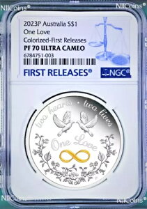 2023 One Love 1�I���X .9999 �V���o�[ $1 �v���[�t �R�C�� NGC PF70 UC FR OGP & �V���[�P�[�X�t��