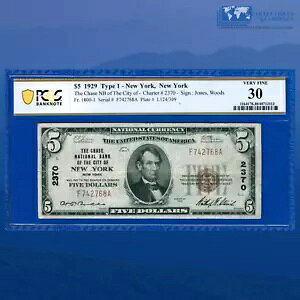 Fr.1800-1 1929 $5 Chase National Bank Of New York�ANY�A�`���[�^�[ #2370�APCGS 30