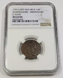 1792 NGC MS64 BN |�C�M���X - �E�H���b�N�V���[ �o�[�~���K�� 1/4 �y���X �R�C�� #41369A