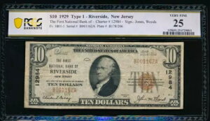 AC 1929 $10 �j���[�W���[�W�[�B���o�[�T�C�h�̃t�@�[�X�g�E�i�V���i����s Ch #12984 PCGS 25