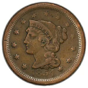 アメリカ 1854 年 1 セント 編み込みヘア ペニー コイン - 80° 回転