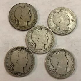 5種類の平均流通量のバーバーシルバーハーフダラー。1903年、1907年、1908年、1910年、1912年 #20