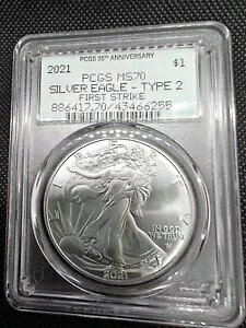 完璧なコイン! 2021 PCGS MS70 ファースト ストライク アメリカン シルバー イーグル T2 ASE 米国造幣局
