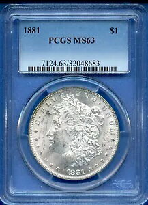 1881 P PCGS MS63 ���[�K�� �V���o�[ �_���[ $1 �č������ǃR�C�� 1881-P MS-63 �u���X�g �z���C�g