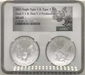 2021 $1 �V���o�[ �C�[�O�� 2 �R�C�� �Z�b�g �ŏI�^�C�v 1 & �����^�C�v 2 NGC MS69 �}���`�z���_�[