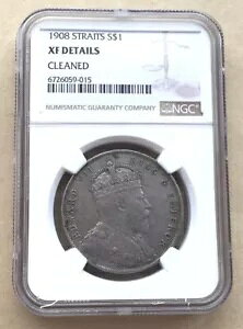 海峡セトルム 1908 エドワード 7 世ドル NGC 銀貨