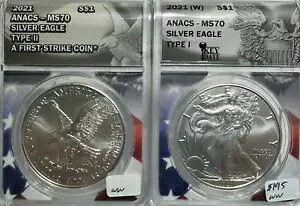 2021 P&W 2 コイン シルバー イーグル セット タイプ 1&2 ファースト ストライク ANACS MS 70 ヘリディック ラベル