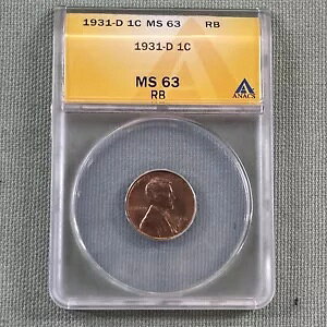 1931 D 1C �����J�[�� �w�b�h �E�B�[�g �Z���g ANACS MS 63 RB ���b�h �u���E�� �L�[ �f�[�g �X���u �R�C��
