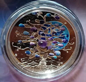 2024 ニウエ $1、ムーン ツリー オブ ラック、中央にアメジスト、非常に低いミントジュ .999 シルバー