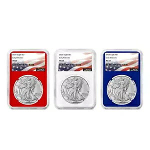 �v���Z�[�� - 3 �Z�b�g - 2025 $1 1 �I���X �A�����J�� �V���o�[ �C�[�O�� NGC MS69 ER �t���O ���x��...