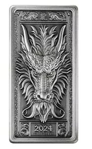 2024 フィジー ハイレリーフ 1 オンス ドラゴン アンティーク コイン バー - ミンテージ 350