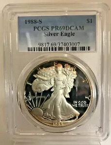 1988-S プルーフ シルバー イーグル ~~PCGS PR69 DCAM~~非常に魅力的な調色