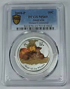 2008 �I�[�X�g�����A YEAR OF THE MOUSE �J���[���C�Y�h �V���o�[ 1/2 �I���X 50 �Z���g �R�C�� PCGS MS 69
