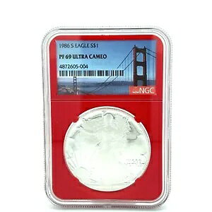 1986 S $1 アメリカン シルバー イーグル 1oz NGC PF 69 ウルトラ カメオ - レッド コア - ビデオを参照