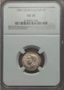 ニュージーランド 1941 年 6 ペンス銀貨 ほぼ未流通 NGC 認定 AU-55