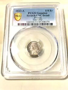 フランス 1823-A ルイ 18 世、1/4 フラン GAD-352 PCGS - UNC 詳細スクラッチ、トーン