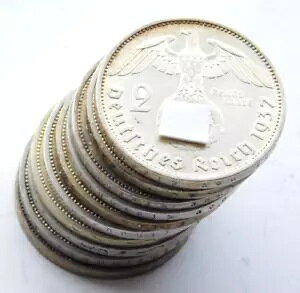 �h�C�c ���b�g 10x �R�C�� 2 REICHSMARK 1937 - 1939 SWASTIKA �V���o�[ ��O�鍑 WW2 �}�[�N