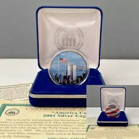 2001 アメリカ ユナイテッド シルバー イーグル ドル地金コイン .999 9/11 ツイン タワー + COA