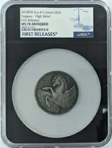 2018 NGC BVI $20 ペガサス アンティーク ハイレリーフ 2 オンス 999 シルバー コイン MS70 FR