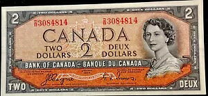 1954�N $2 Devil's Face Canada Note D/B ���ꂢ�ɒ����ɔz�u���ꂽ�����m�[�g�B�G���R�C���Y