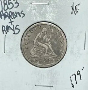 1853 ARROWS & RAYS SEATED LIBERTY SILVER QUARTER ~ XF ~NICE COIN~