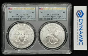 2021 Silver Eagle Type 1 & 2 PCGS MS70 ŏIƐY