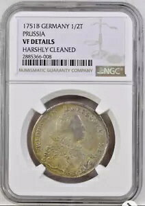 1751-B ドイツ諸州 プロイセン 1/2 ターラー銀貨 フリードリヒ 2 世 NGC VF-詳細
