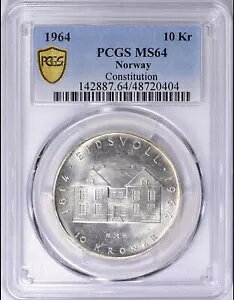 1964 �m���E�F�[ 10 �N���[�l �V���o�[ PCGS MS64 �R���X�e�B�`���[�V���� �R�C�� �킸���ȃ��� �g�[�j���O