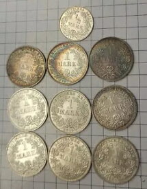 ドイツマルク銀貨10枚のロット。 (9) 1 マルク硬貨と (1) 1/2 マルク。叔父さん。
