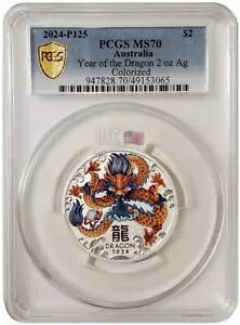 2024 2 �I���X �V���o�[ $2 �I�[�X�g�����A YEAR OF THE DRAGON PCGS MS70 �J���[ �R�C���B