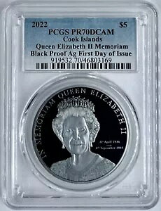2022 $5 CI イン メモリアル クイーン エリザベス 2 世 1オンス ブラック プルーフ シルバー FDI - PCGS PR70