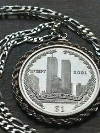 9/11 ツイン タワーズ バージン諸島 シルバー ダラー ペンダント、24 インチ シルバー チェーン