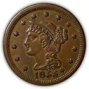 1855 N-9 Know on Ear Early Die State Braided Hair Large Cent AU Coin #6863