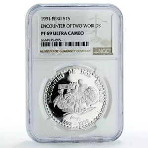 y[ 1 \ Two Worlds Encounter Conquistador Indian PF69 NGC  1991