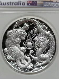 パース造幣局 2018 ウルトラ ハイ レリーフ 2 オンス ドラゴン & タイガー 9999 シルバー コイン、NGC PF70