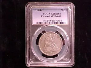 1868 S シーテッド リバティ ハーフダラー PCGS XF 詳細、新品スラブ、クリーニング済み